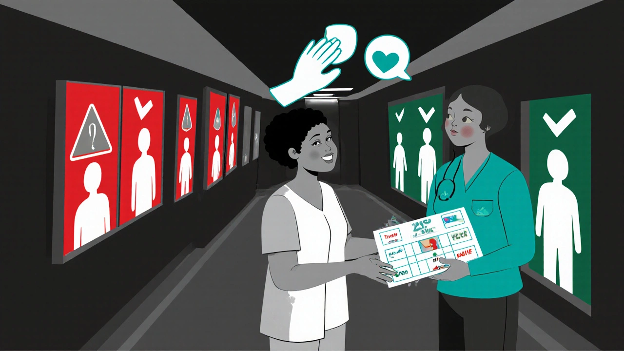 AI system misidentifying risk by race, while community worker delivers clear medication aid