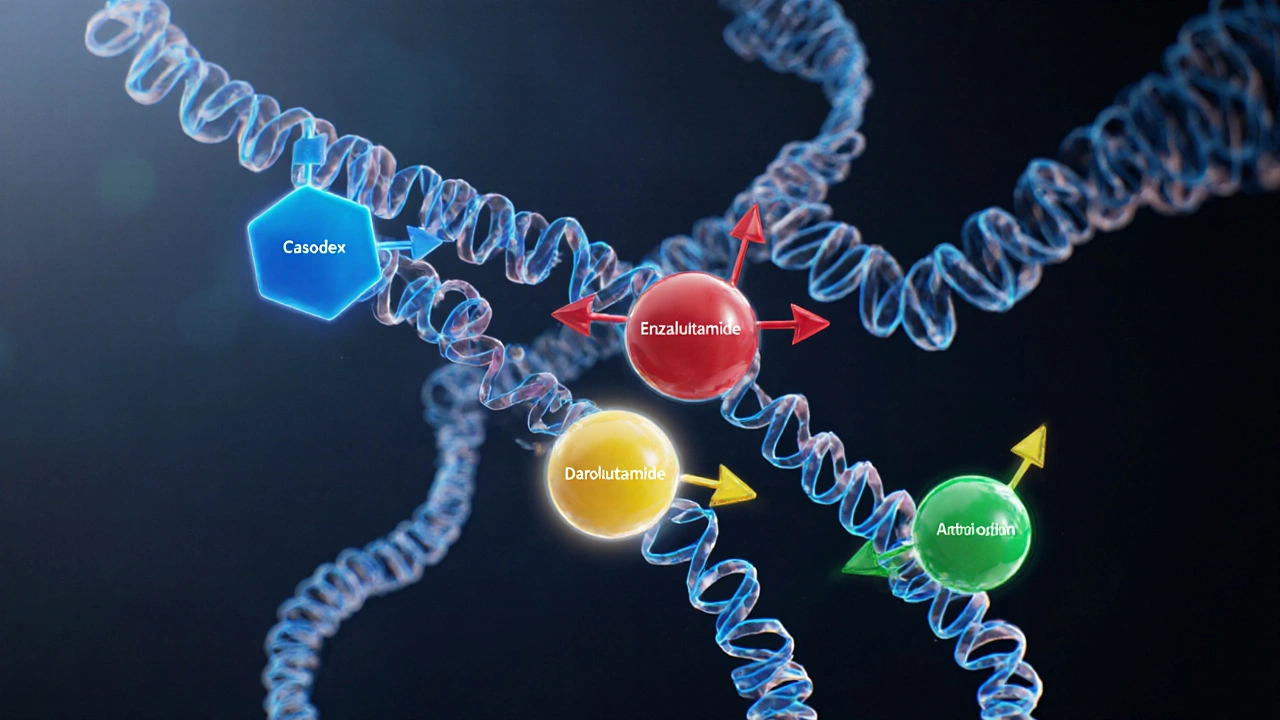 Androgen receptor model showing Casodex, Enzalutamide, Darolutamide bound.