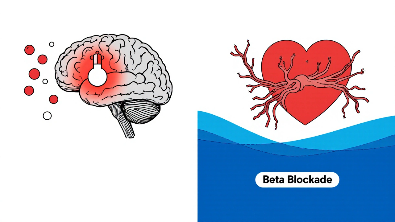 Brain and heart illustration showing adrenaline blockage mechanism