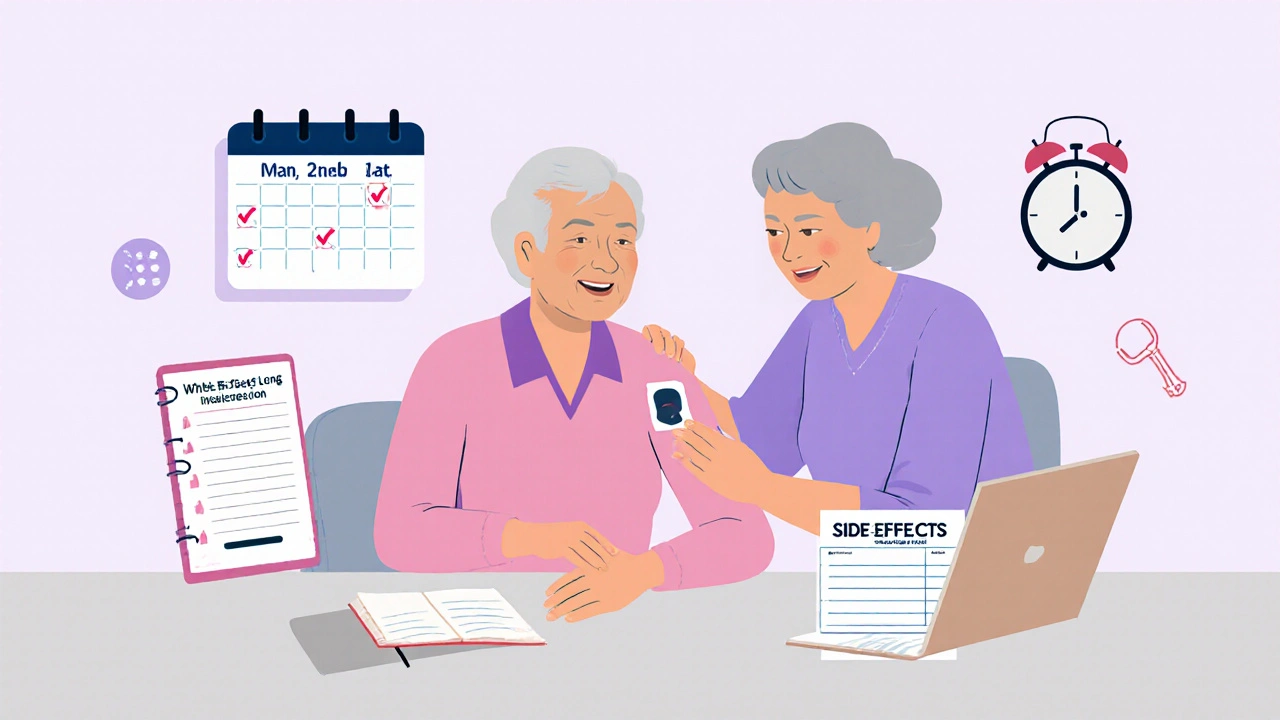 Caregiver helping an older adult apply an Exelon patch with calendar and reminder icons.