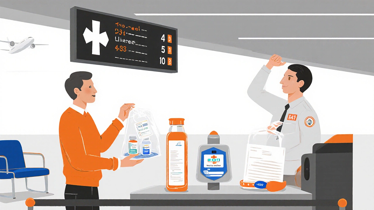 Carry‑on bag open, showing emergency kit, syringes, cooling pack, and doctor’s letter at airport.