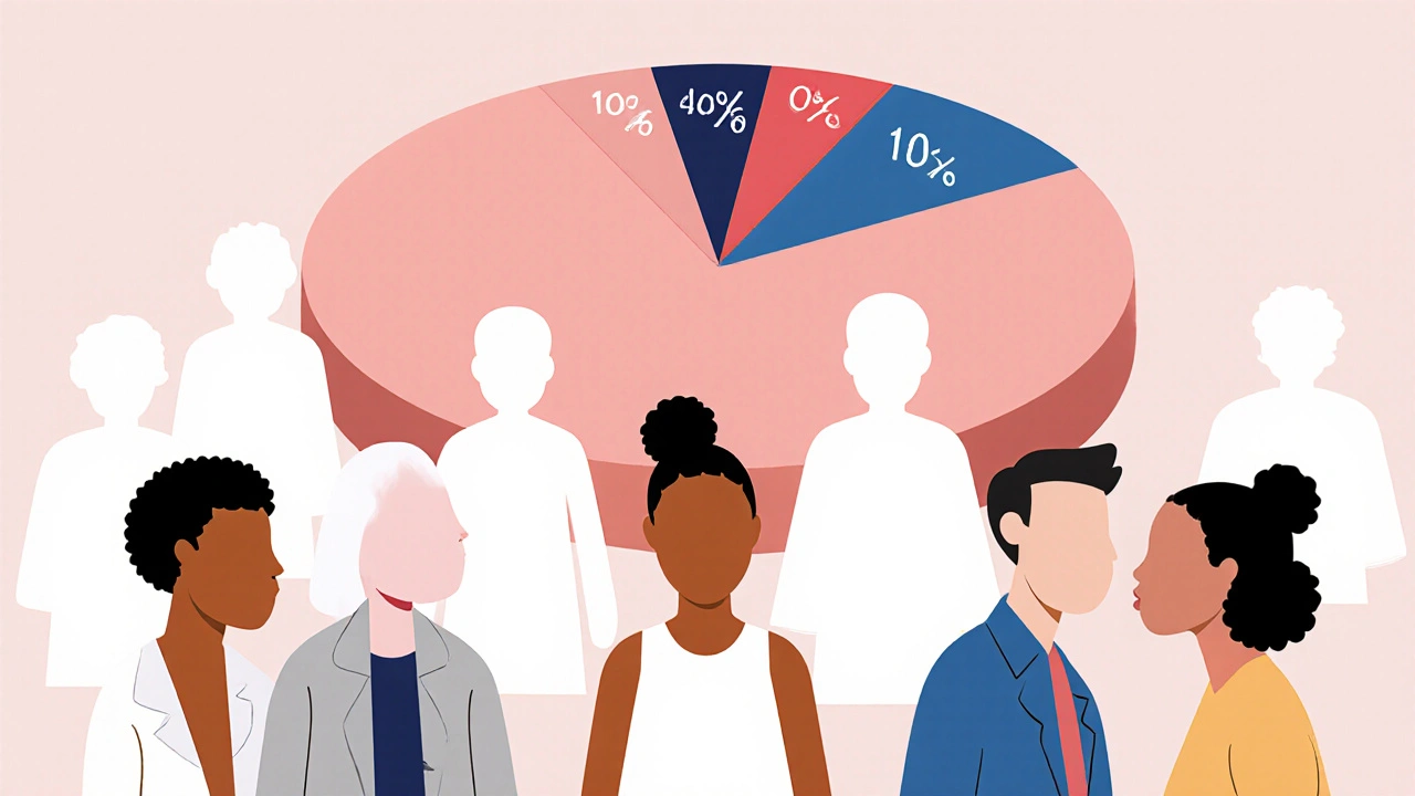 Clinical trial poster with erased diverse participants and skewed data chart