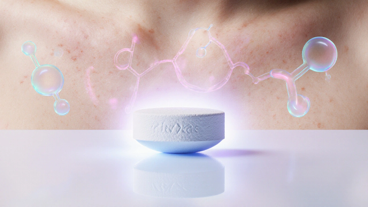 Close‑up of a Mircette tablet beside clear skin with subtle hormonal molecule graphics.