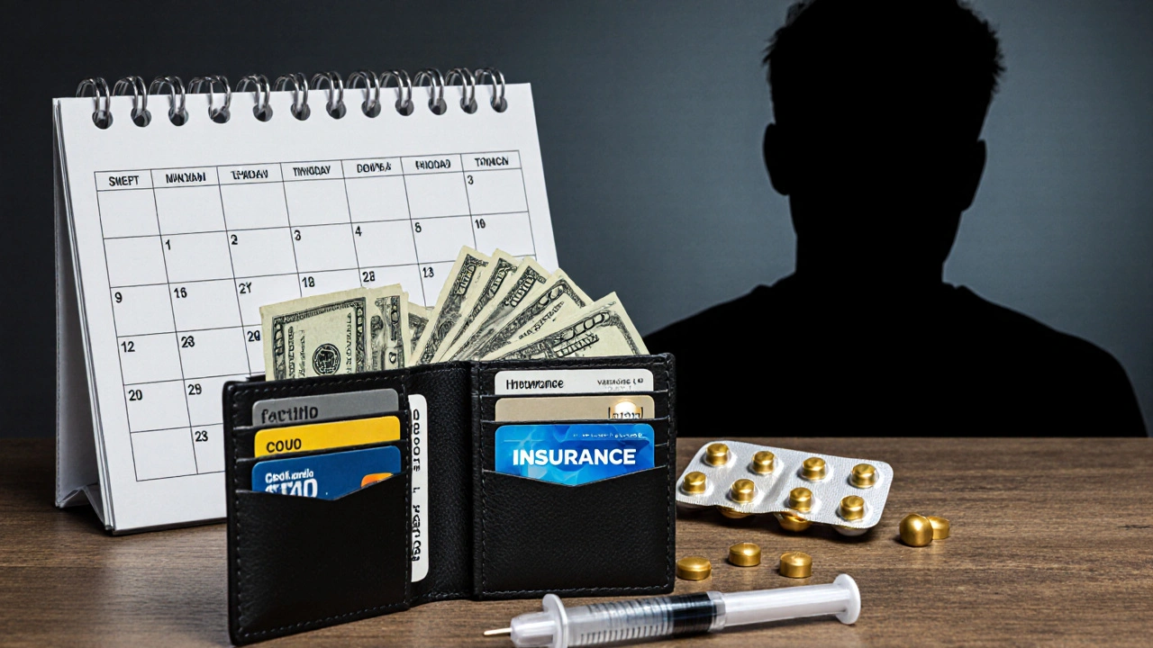Collage of wallet, insurance cards, calendar, syringe and pills suggesting cost and lifestyle choices.