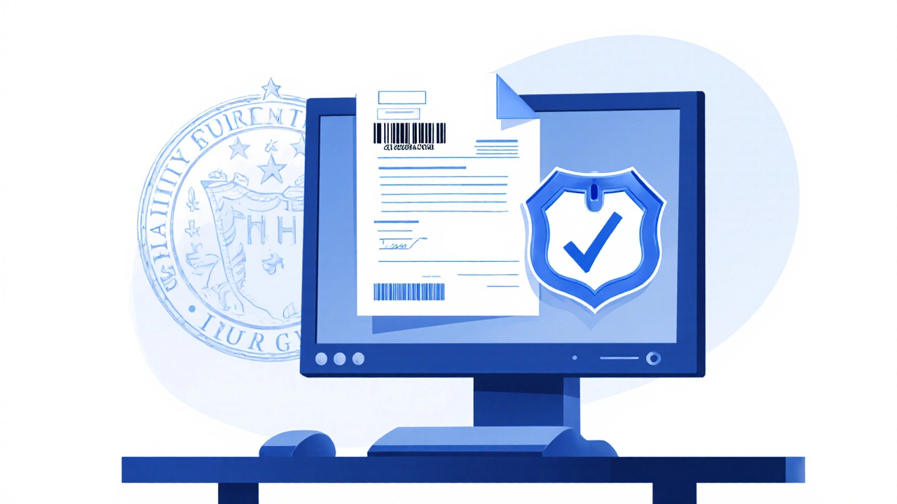 Computer screen showing prescription upload with accreditation badge and regulatory seal.