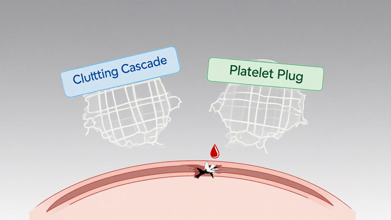 Cross‑section of a vein showing broken clotting and platelet nets with a leaking blood droplet.