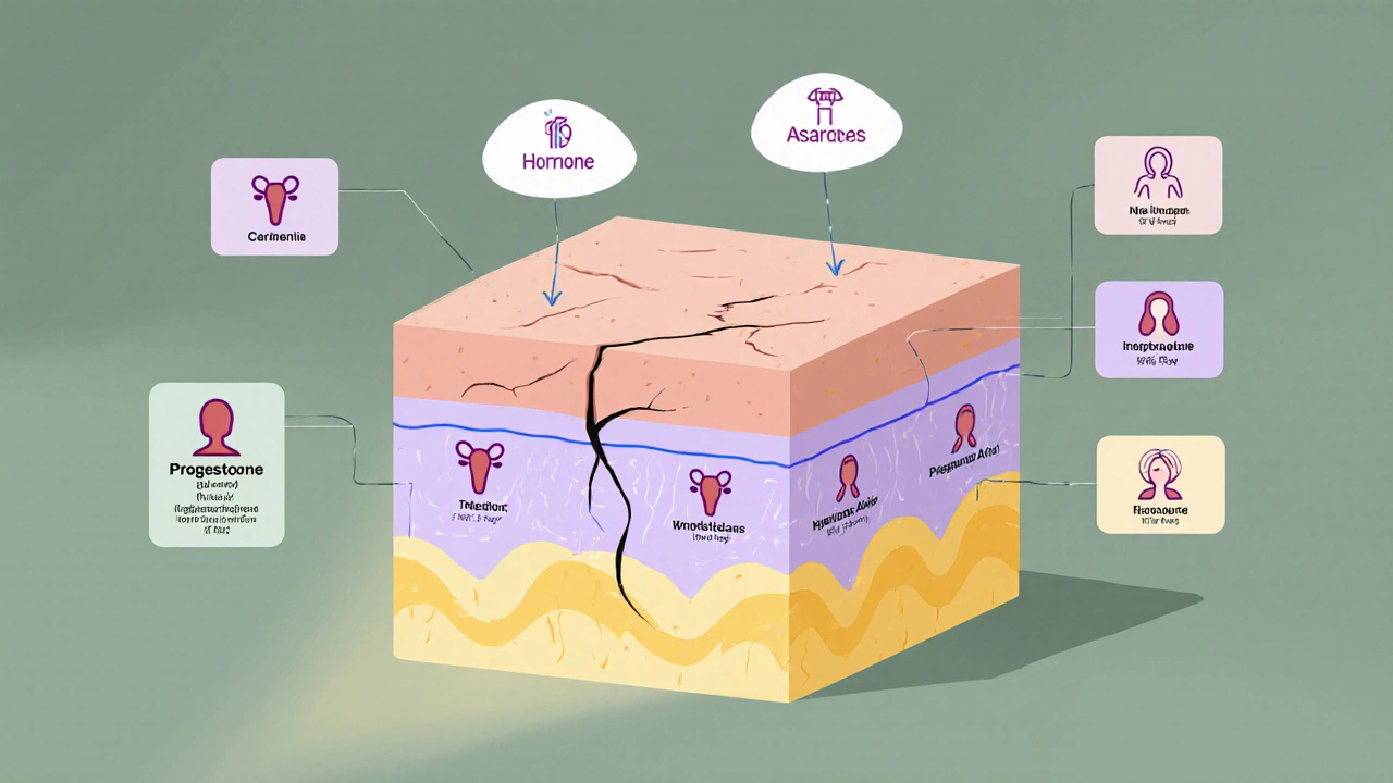 Cross‑section of skin barrier showing cracks, lipids, and hormone influence.