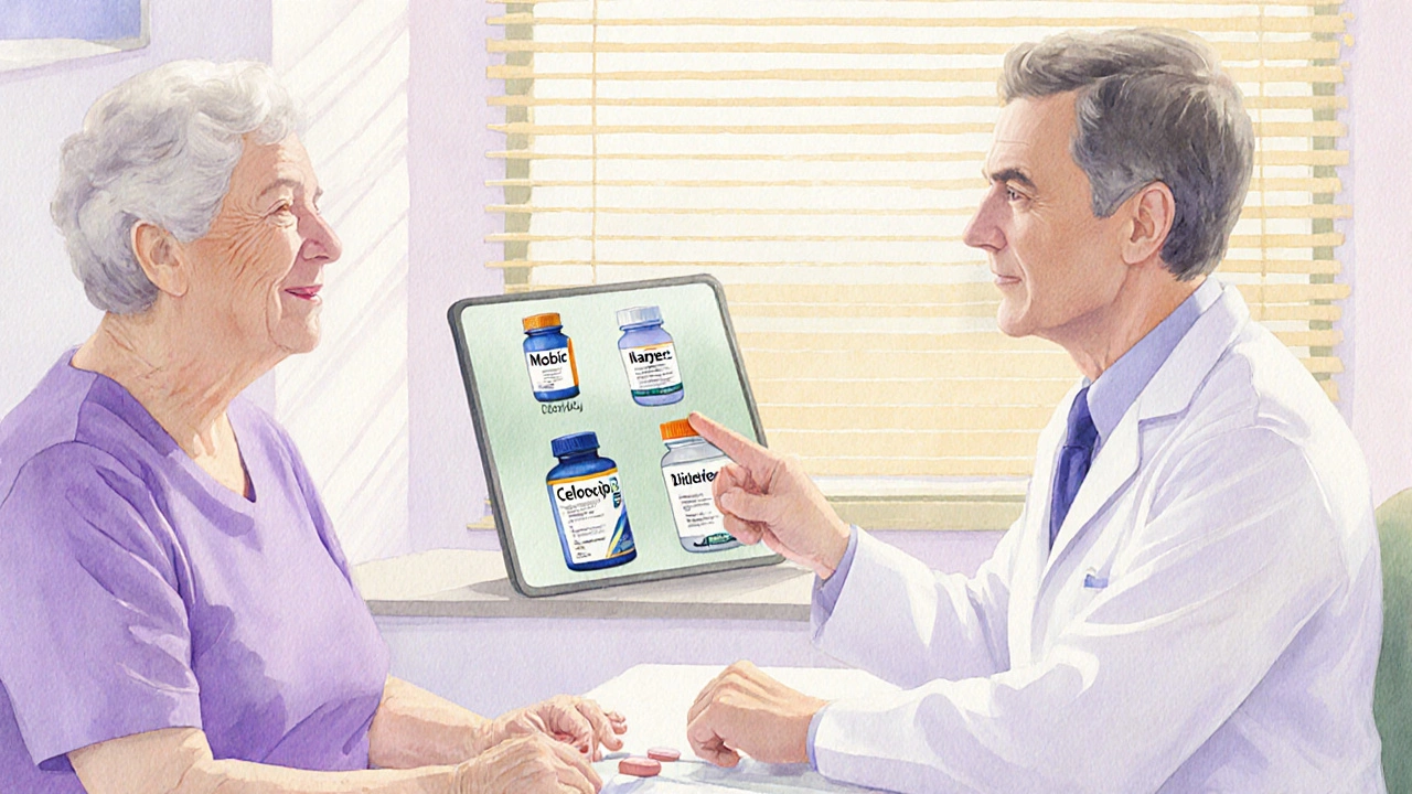 Doctor and elderly patient discussing several NSAID medication options in a calm office.