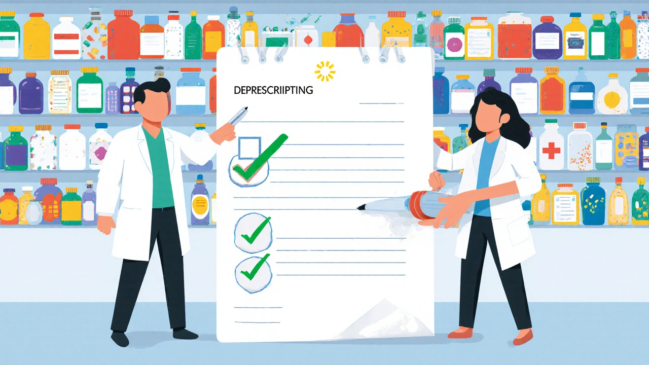 Doctor and pharmacist erasing unnecessary pills from a prescription wall.