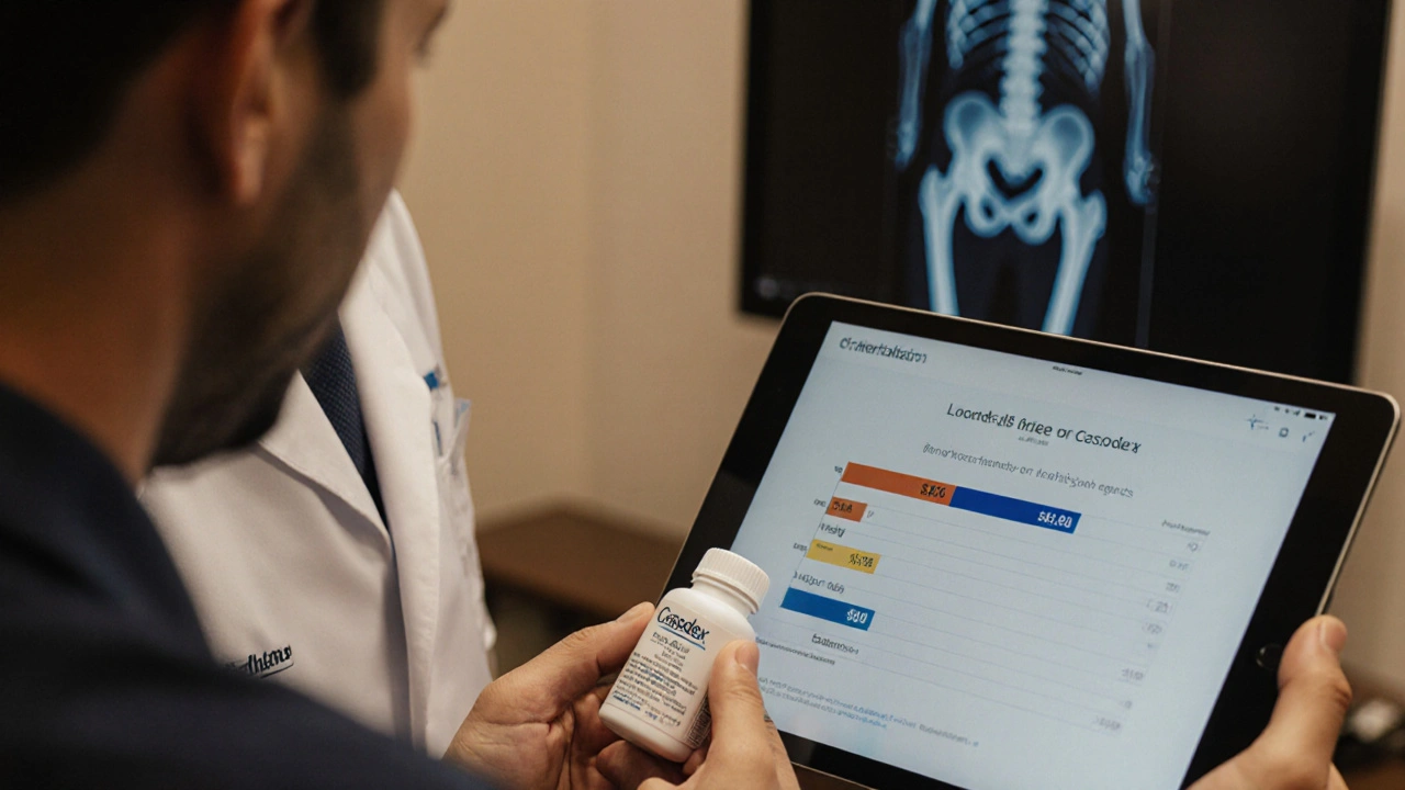 Doctor discussing Casodex with patient, showing cost and bone scan.