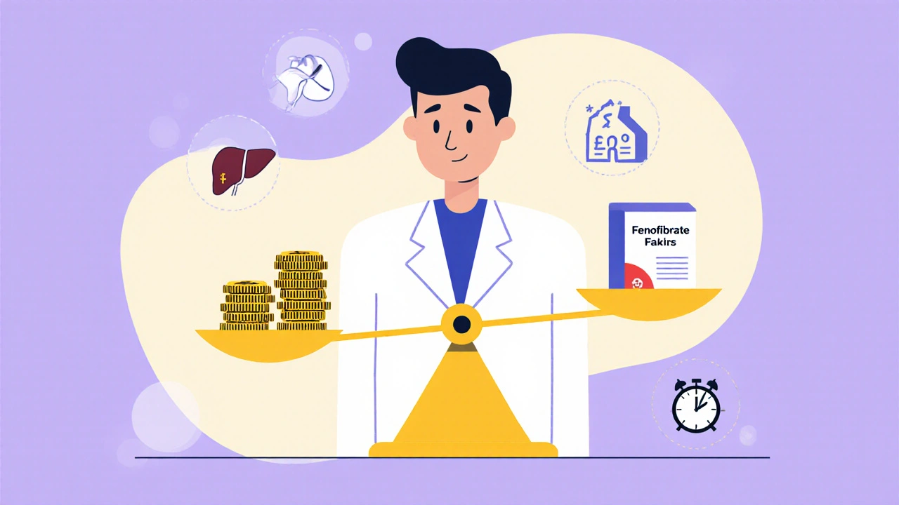 Doctor holding a scale balancing cost of Gemfibrozil against convenience of Fenofibrate.