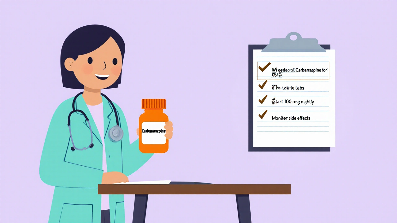 Doctor with pill bottle and checklist icons for carbamazepine prescribing.