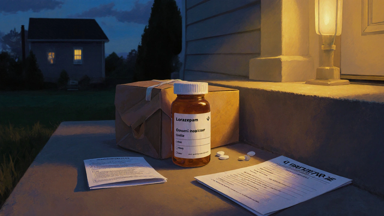 Doorstep delivery box open to reveal lorazepam bottle, medication guide, insurance card, and prescription.