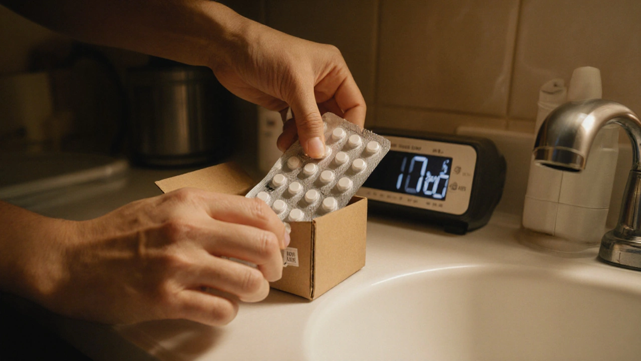 Hand opening a sealed delivery box to reveal a blister pack of Zovirax tablets.