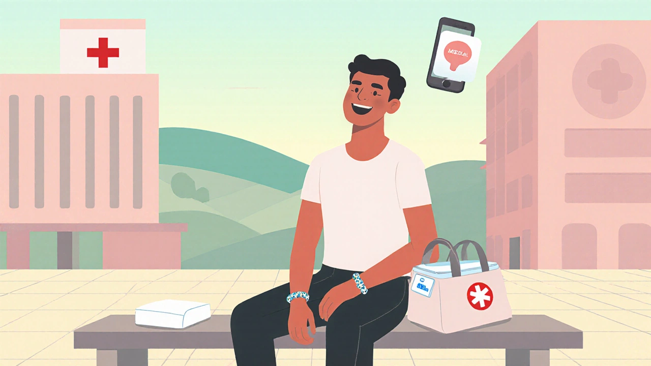 Happy traveler at a scenic spot holding emergency card, cooling pack, with a nearby clinic sign.
