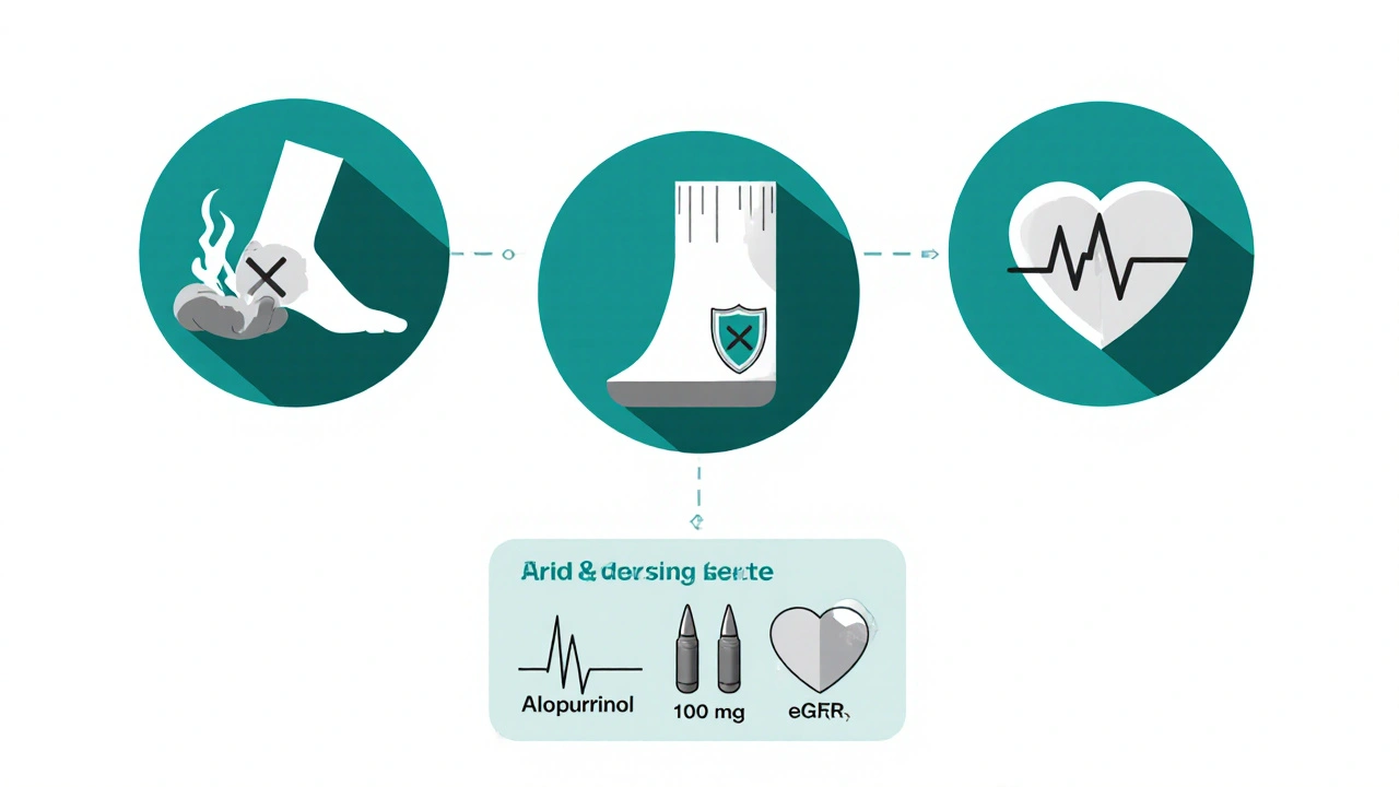 Icons showing Allopurinol preventing gout, protecting kidneys and heart with dosage notes.
