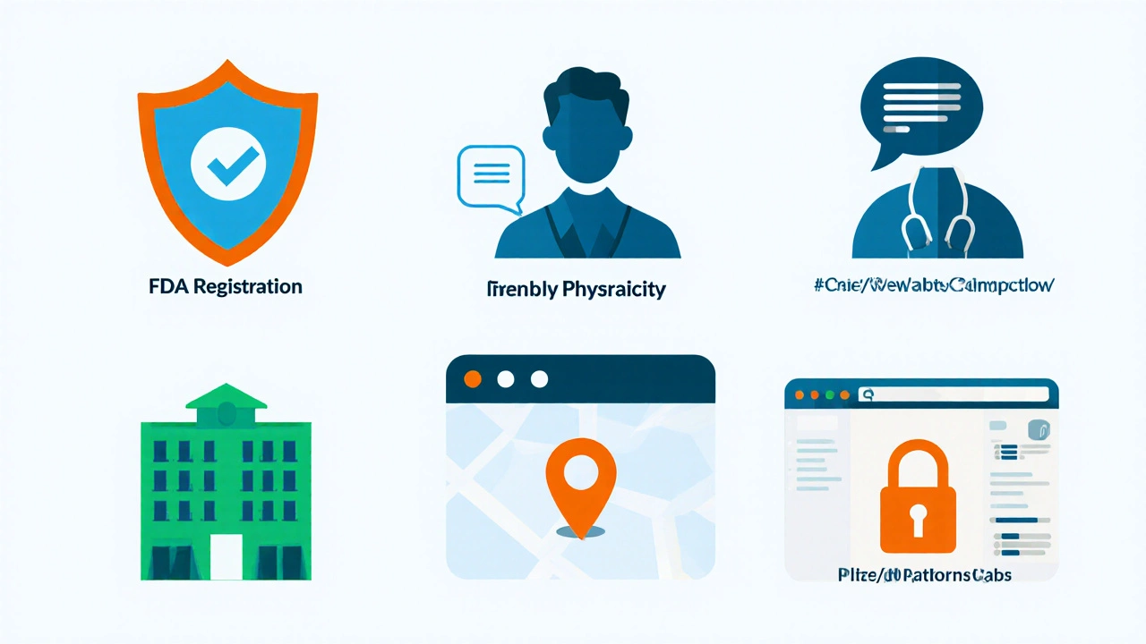 Illustrated collage showing FDA shield, pharmacist chat, address pin, secure lock, and clear price tag.