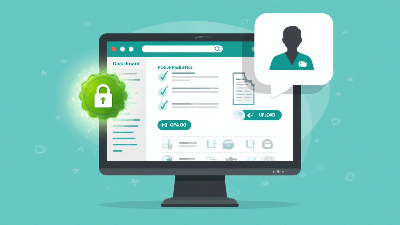 Illustrated online pharmacy screen showing security icons and a pharmacist chat window.