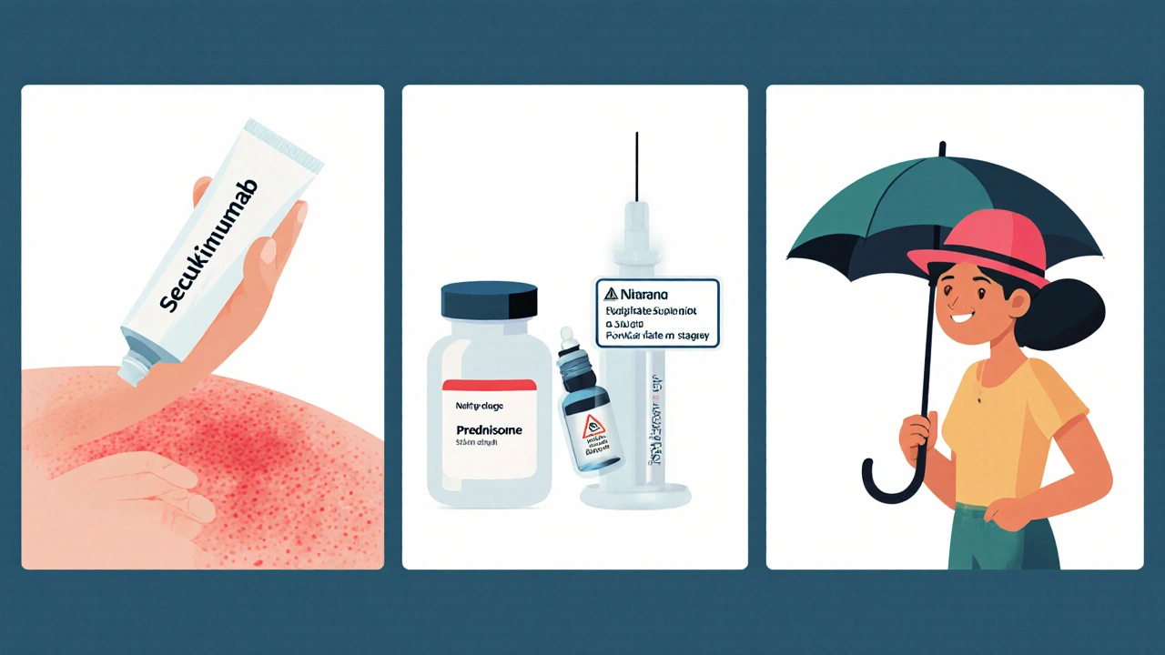 Illustration of treatment steps: topical cream, syringe, pill bottle, and a patient under sun protection.