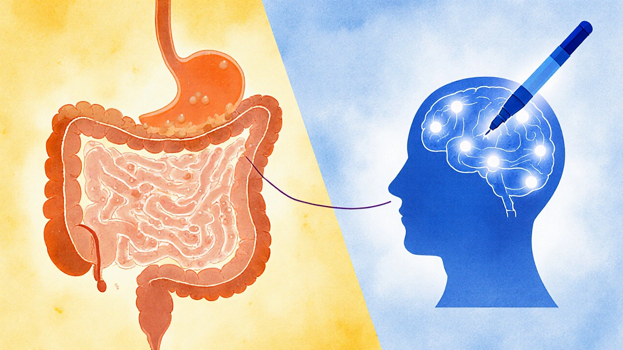 Illustration showing Trim Z blocking fat in the gut and GLP‑1 injection reducing brain appetite signals.