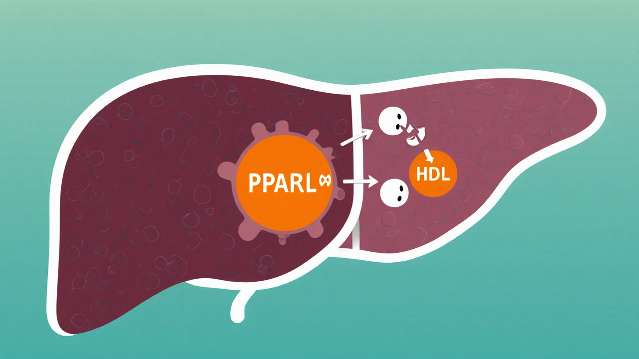 Liver cell showing PPAR‑α activating breakdown of VLDL and formation of HDL.