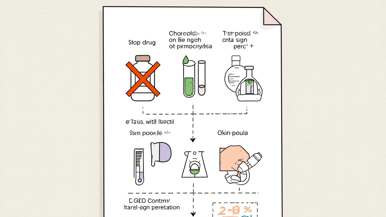Minimalist checklist showing drug stop, lab tests, biopsy, and fever icons for AGEP assessment.