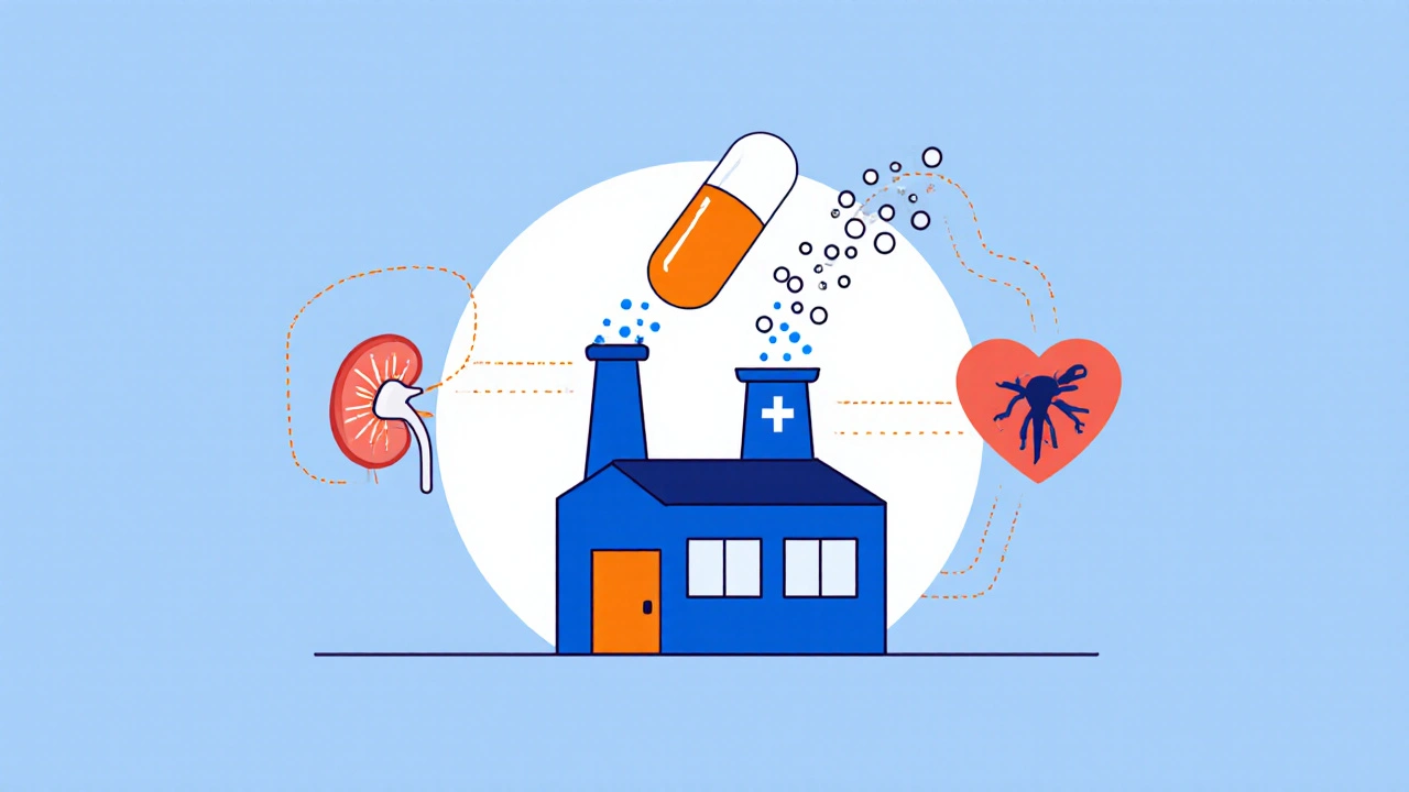 Minimalist diagram of Allopurinol blocking xanthine oxidase, protecting kidney and heart.