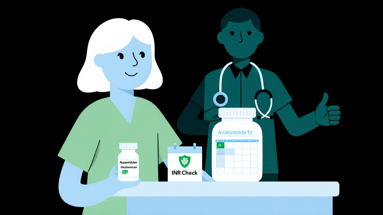 Patient holding acetaminophen bottle, calendar with INR check, and shield for protection.