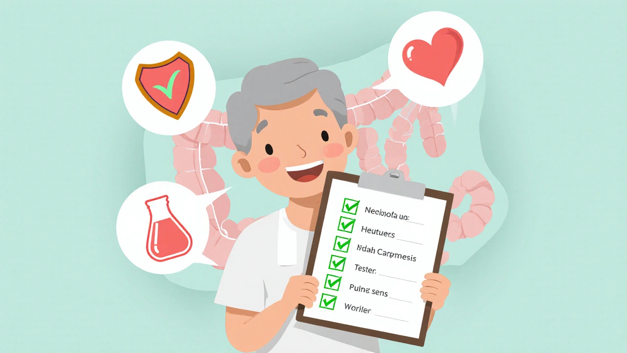 Patient holding checklist with check marks, surrounded by icons for health benefits and colon outline.