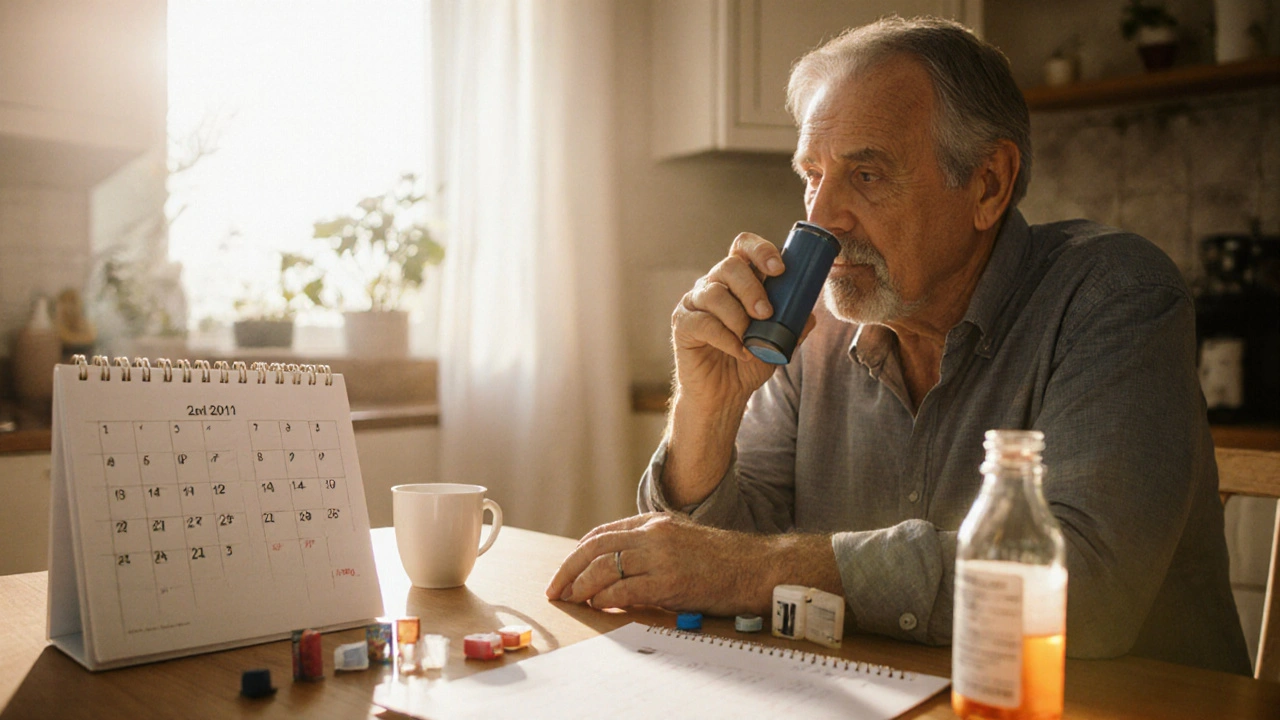 Person at a table reviewing inhaler options, calendar and medication bottle nearby.