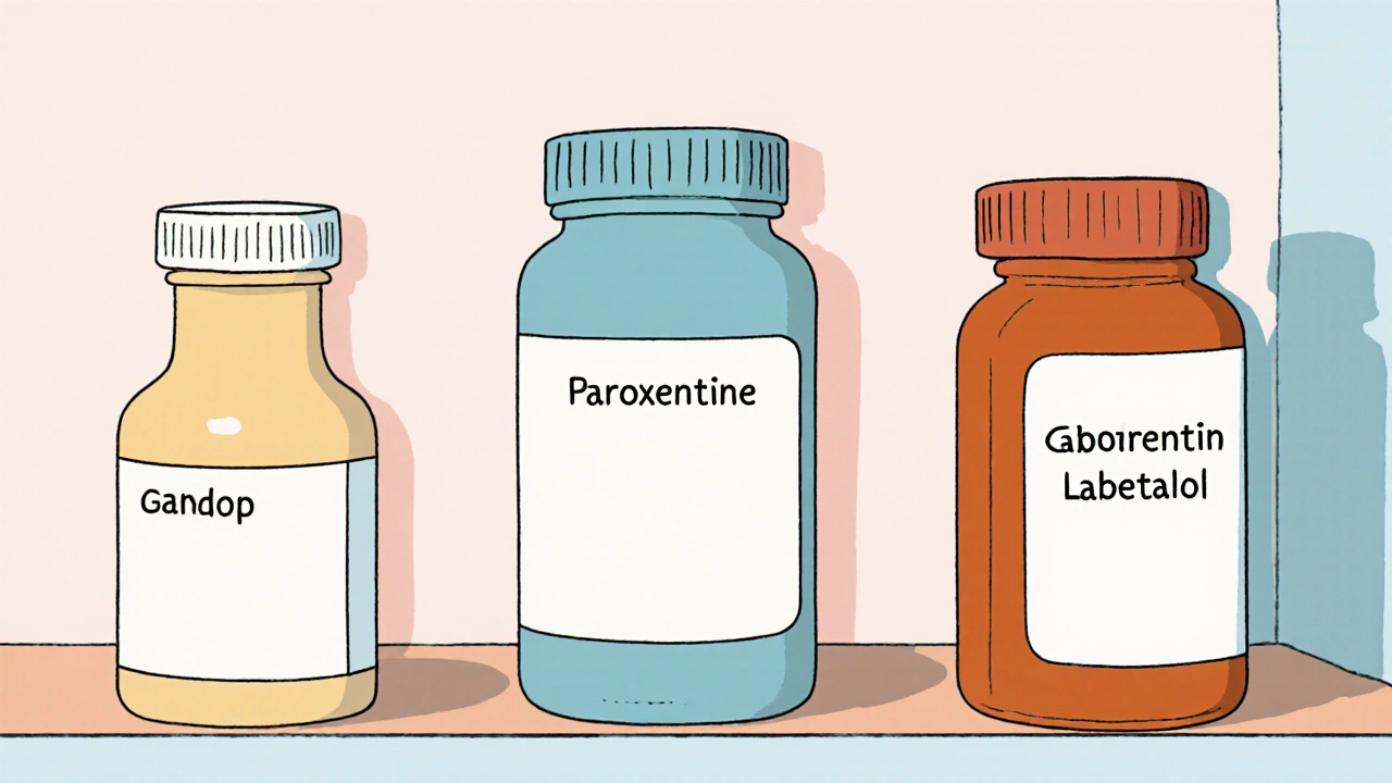 Pharmacy shelf with proven menopause treatments, labetalol faintly visible