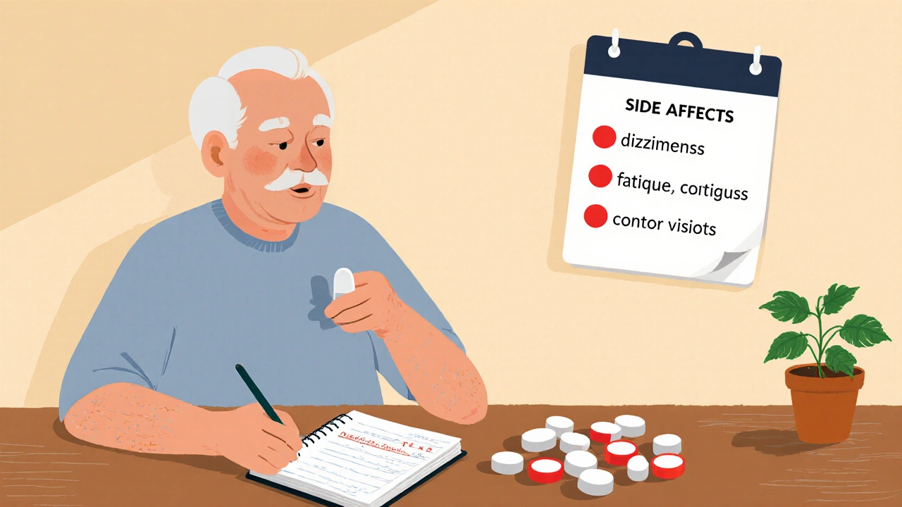 Senior holding one pill with side effects noted in a notebook.