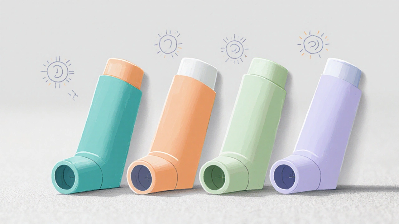Several inhaler devices displayed together, with visual cues for dosing schedules.