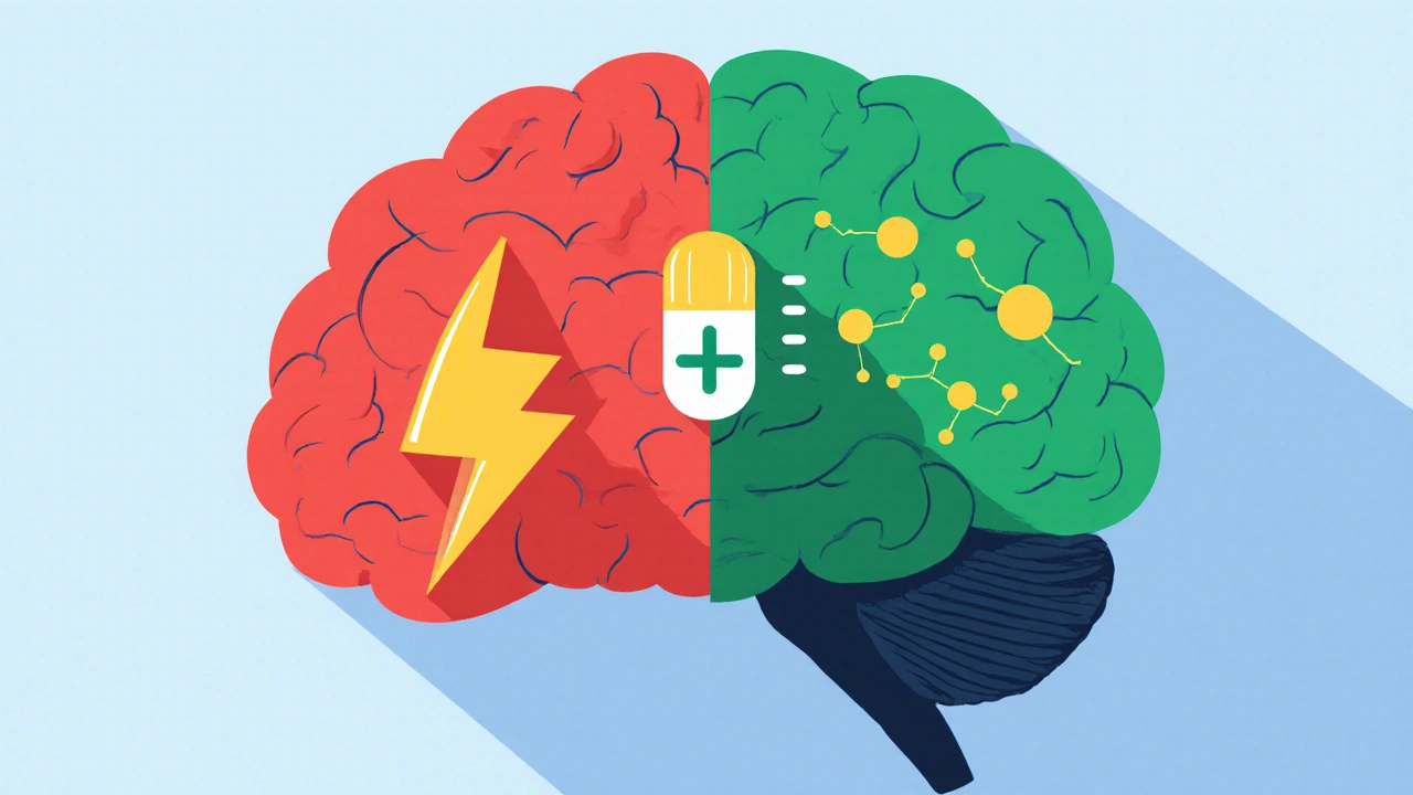 Simplified brain showing amygdala and prefrontal cortex with serotonin flow from a pill.