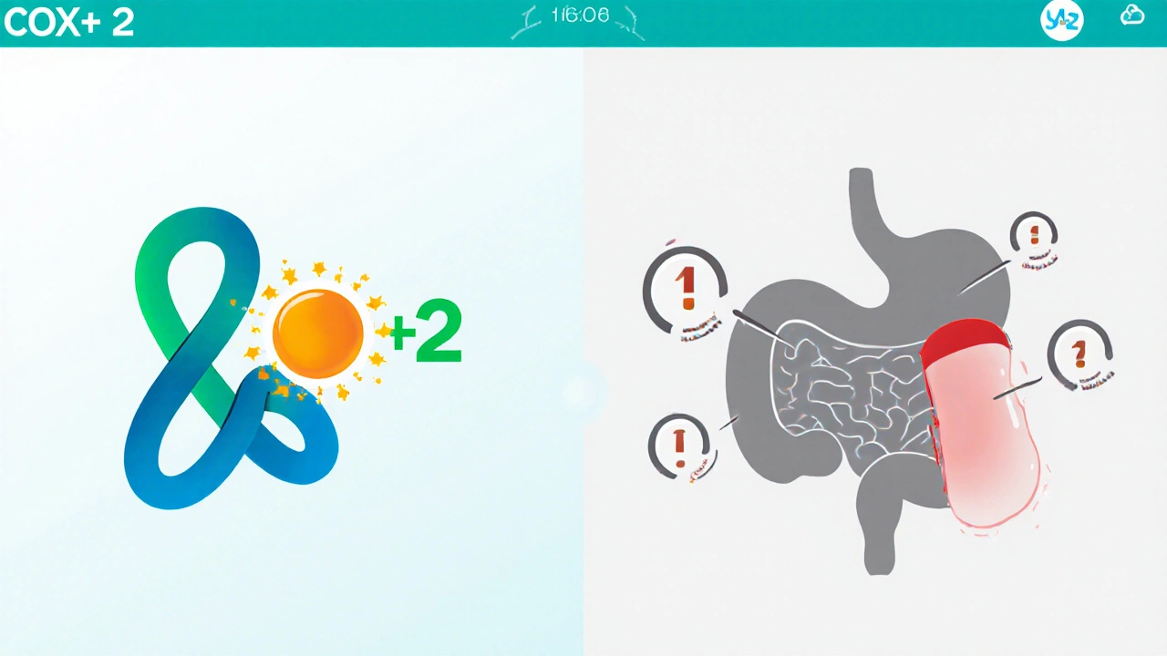 Split illustration showing meloxicam blocking COX-2 and non‑selective NSAID affecting stomach.