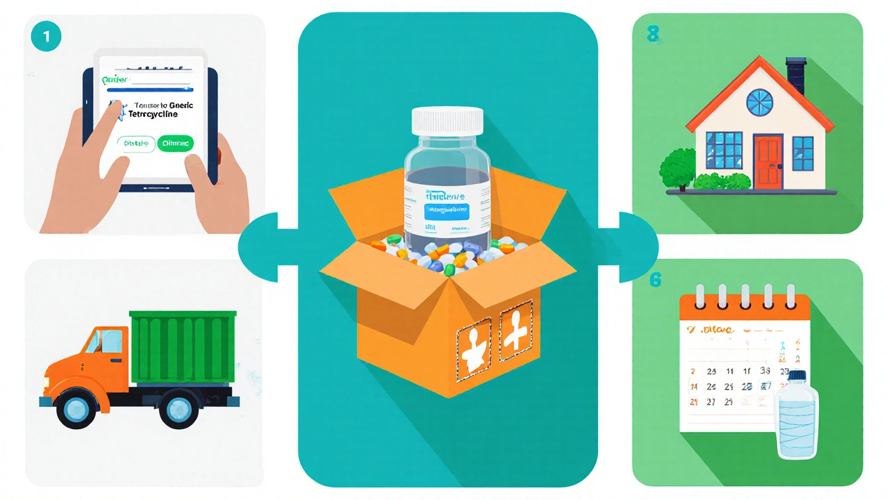 Step‑by‑step visual of ordering, delivery, and checking generic tetracycline medication.