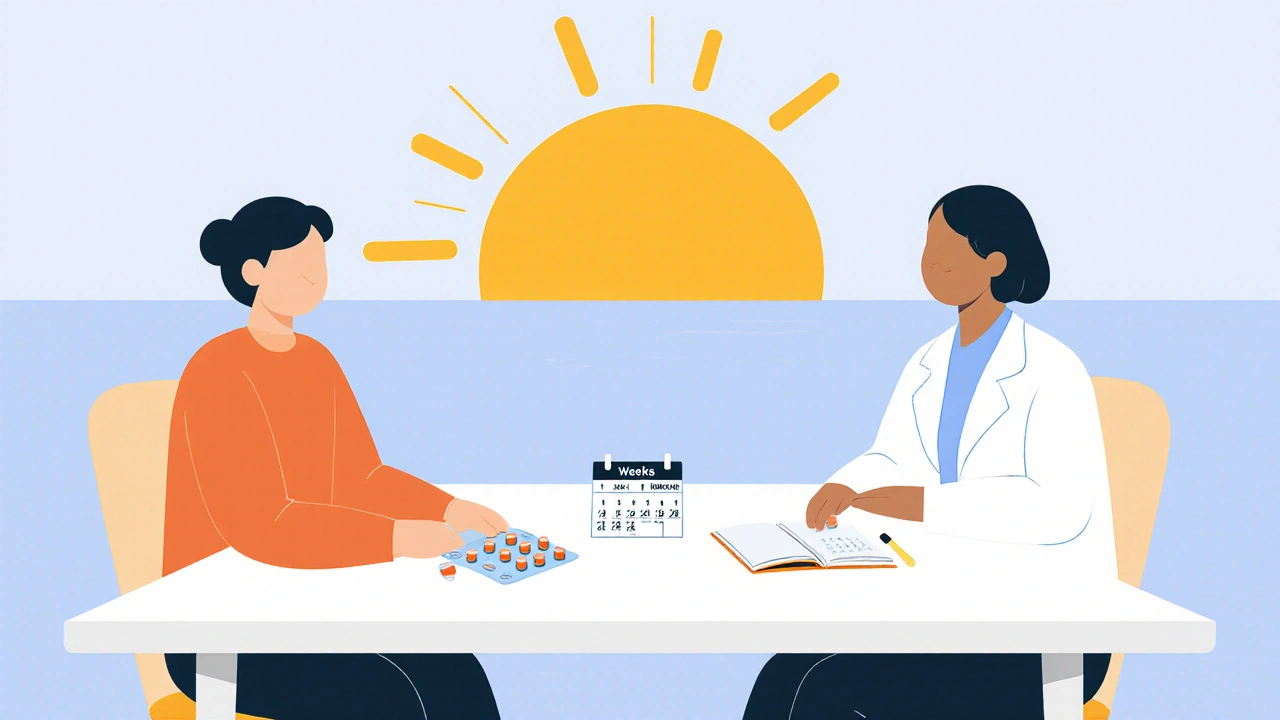 Therapy scene with patient, therapist, medication bottle, calendar, and sunrise.