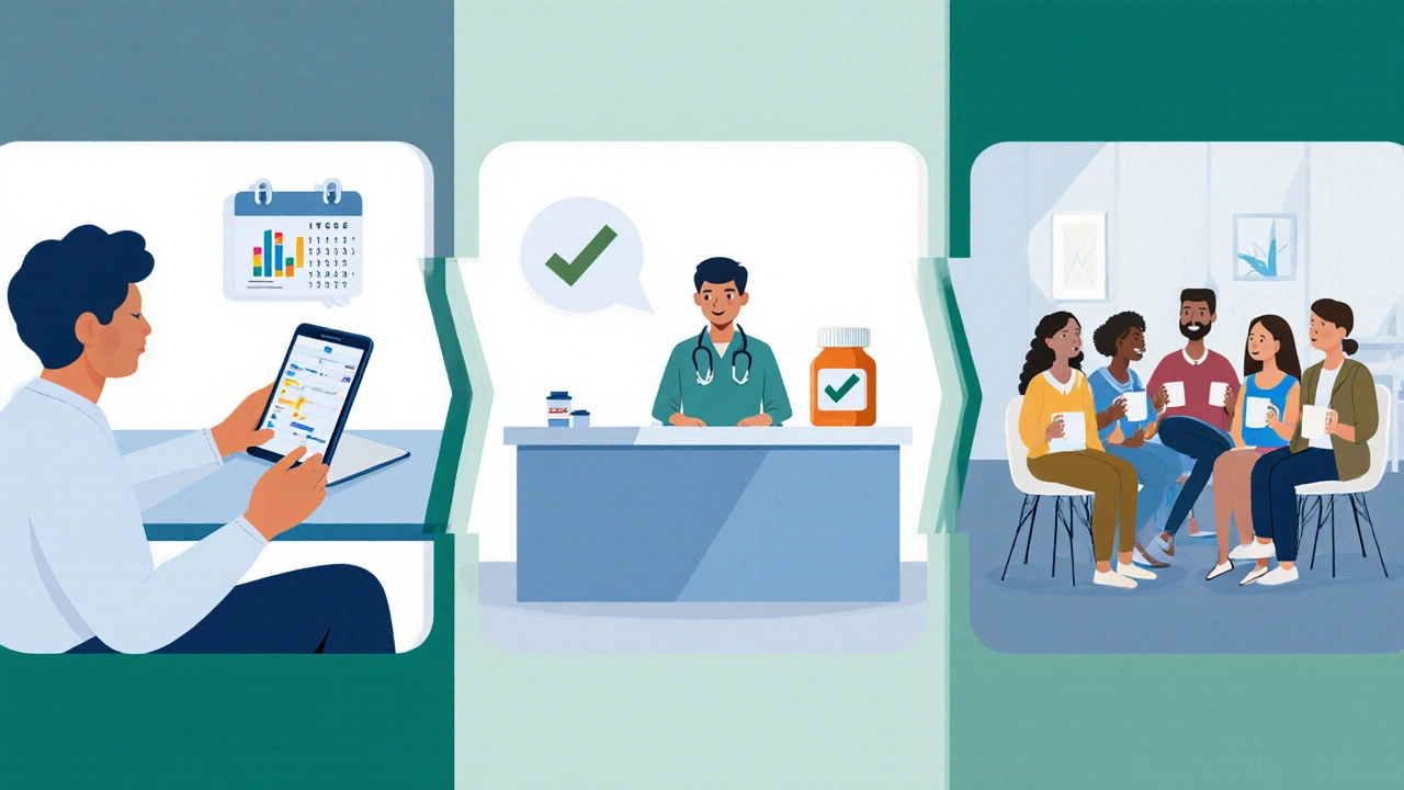 Three panels showing symptom‑tracking app, pharmacist consultation, and IBD support group meeting.