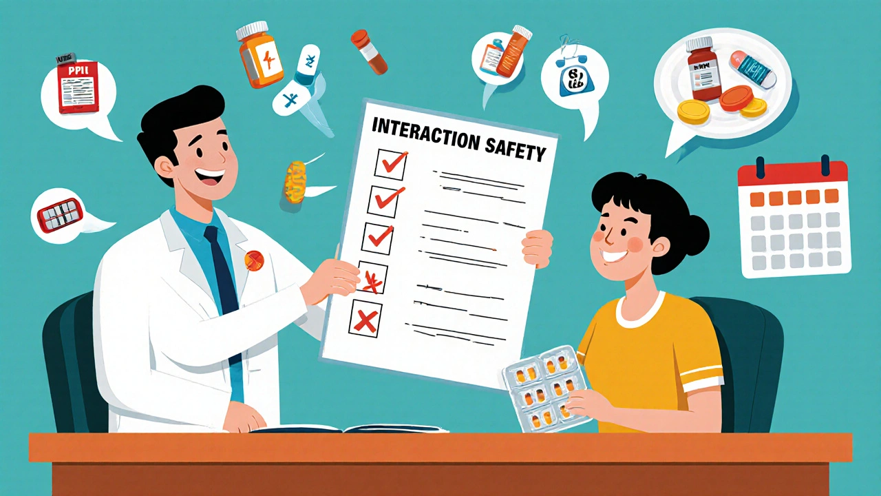 Vintage cartoon of pharmacist giving a checklist on drug and supplement safety to a patient.