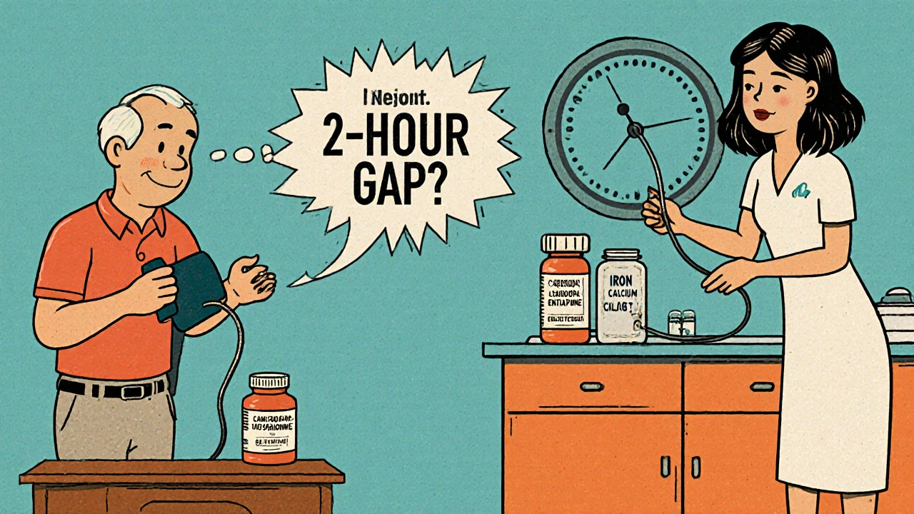 Vintage cartoon showing an elderly man feeling dizzy after ACE inhibitor, with medication timing cues.