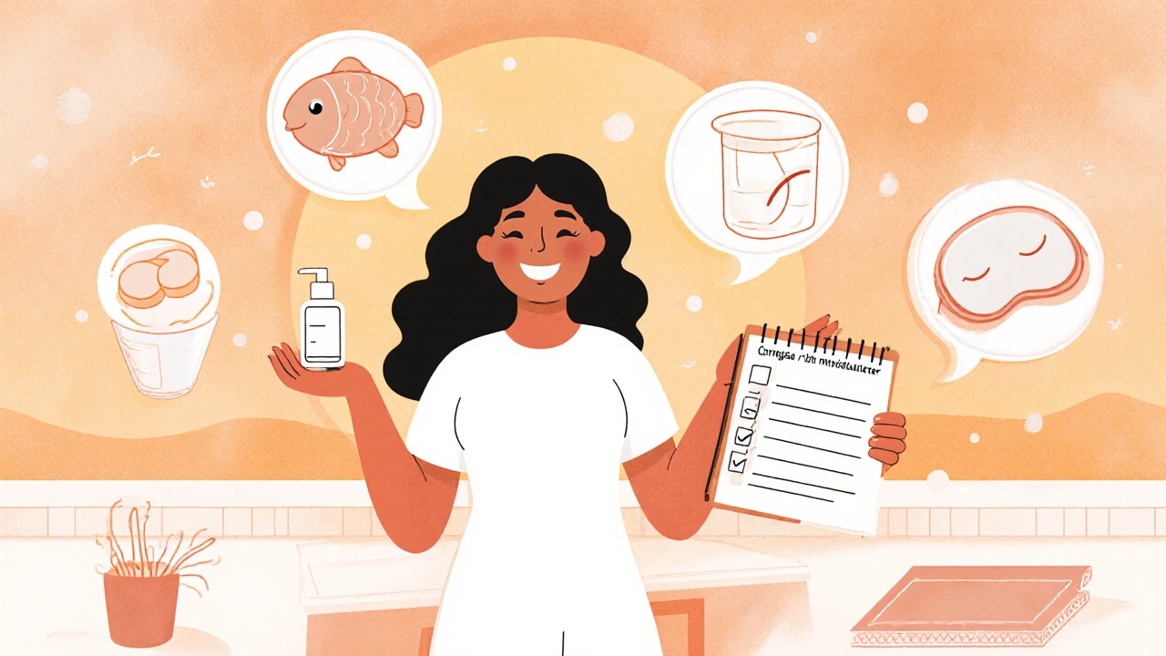 Woman with skincare products, supplements, yoga mat, and checklist.