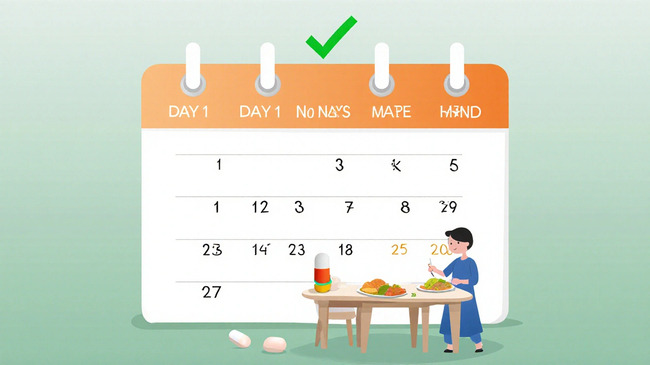 A calendar showing daily peppermint oil capsules taken before meals, with a rising checkmark over four weeks.