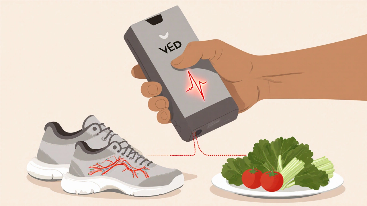 A man holding a vacuum device next to shoes and vegetables, with glowing blood vessels.