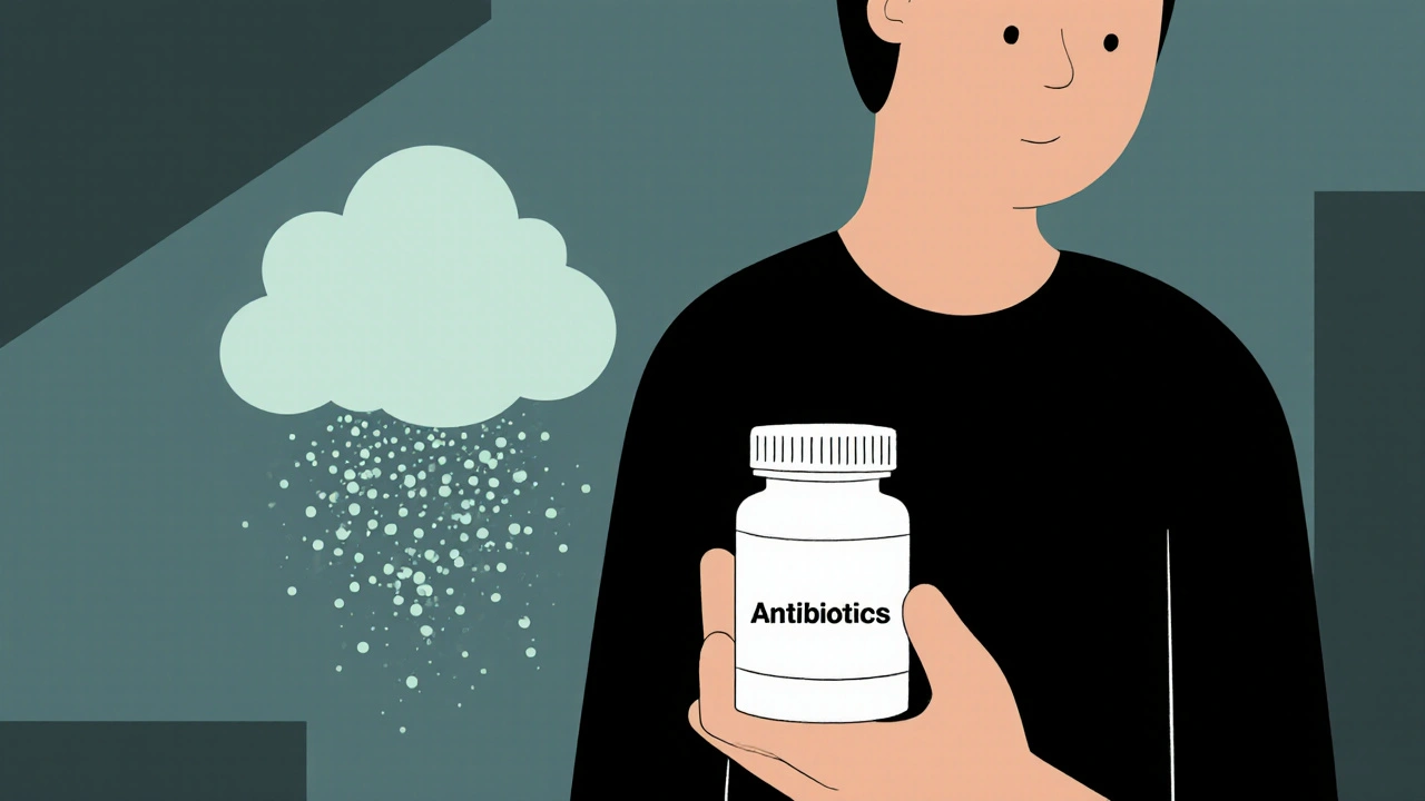 A person with a C. diff cloud emerging after taking antibiotics, microbiome fading.