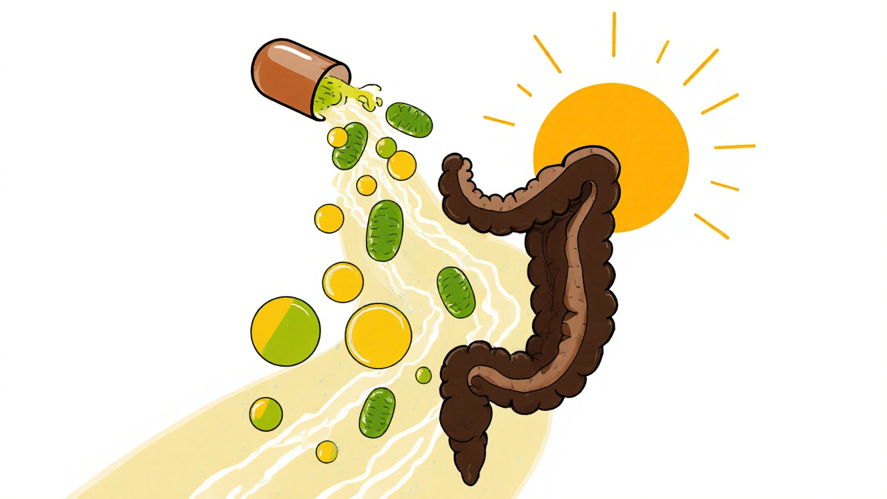 A pill dissolving into beneficial bacteria restoring a colon, replacing harmful shapes.