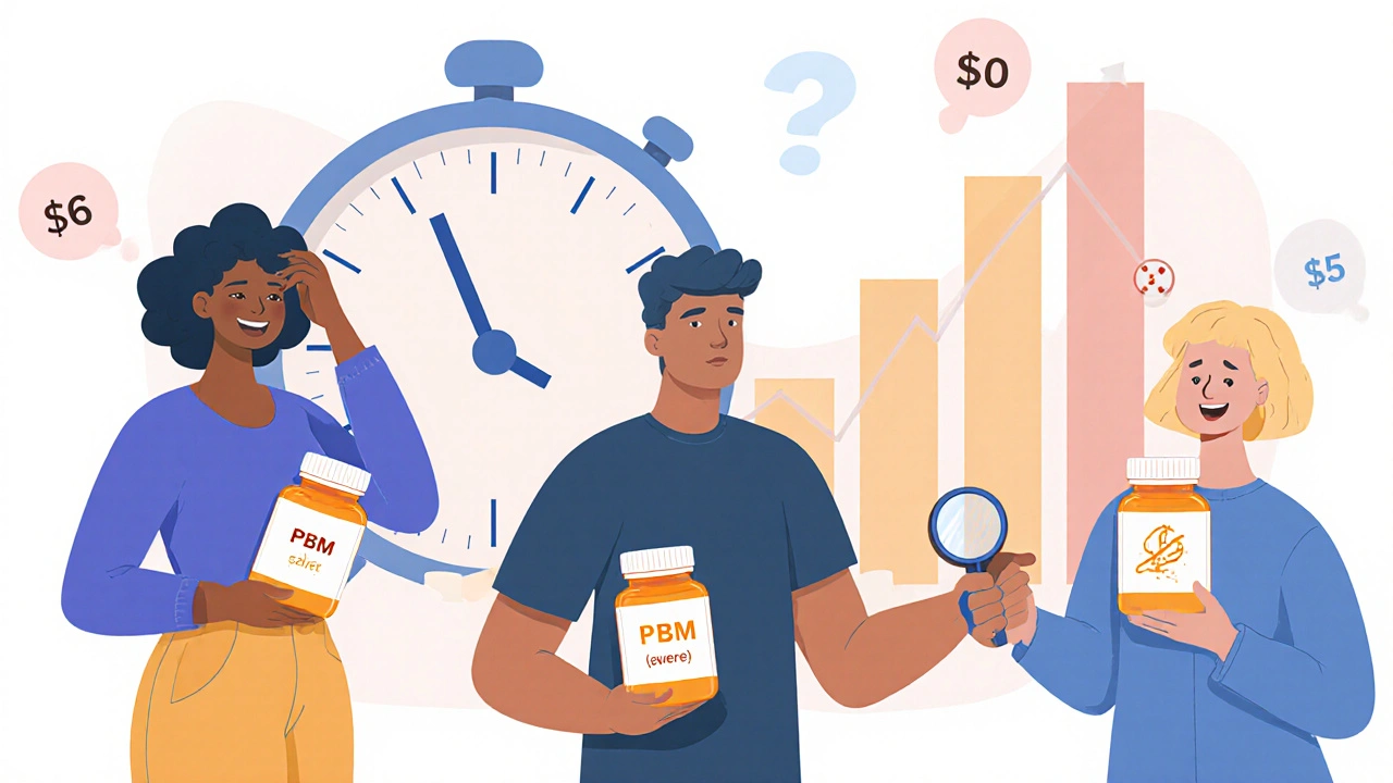 Diverse people holding prescription bottles with savings amounts above them, one examining a PBM logo, under a rising savings chart.