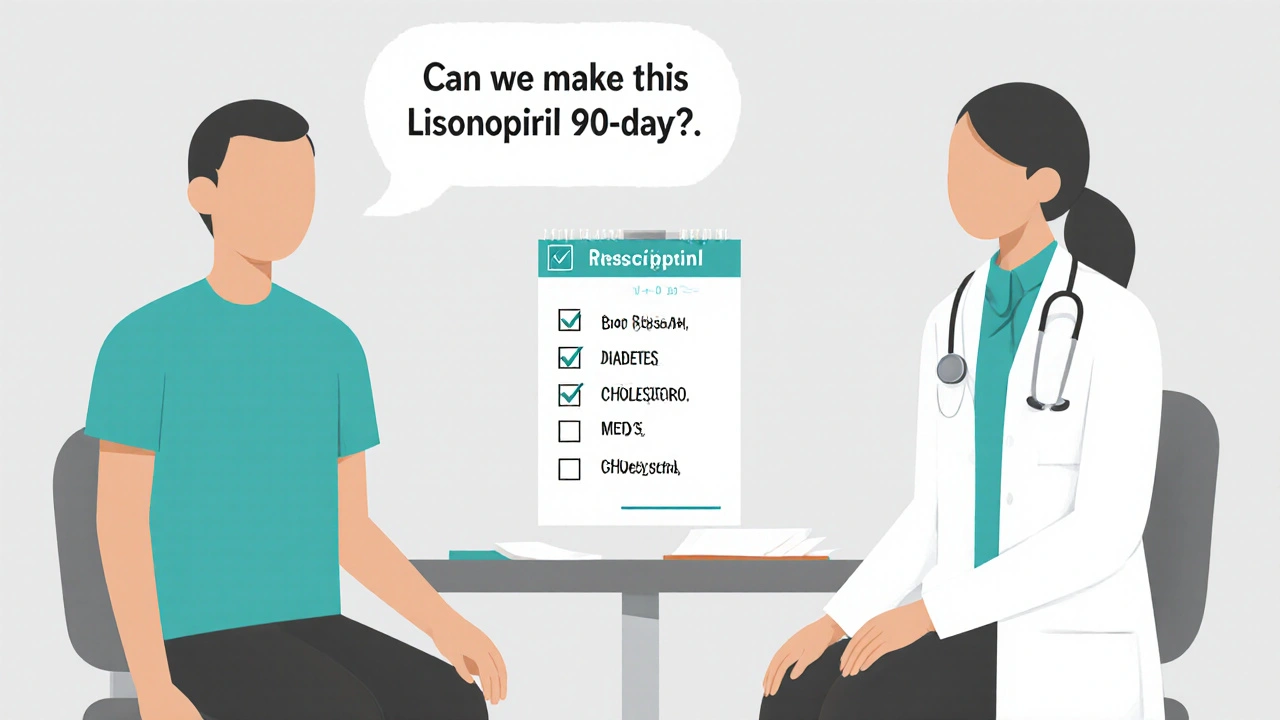 Doctor and patient discussing a 90-day prescription for maintenance medications like blood pressure and diabetes drugs.