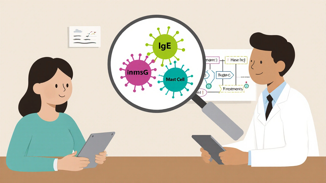 Doctor and patient discussing CSU treatment options with immune cell diagram.