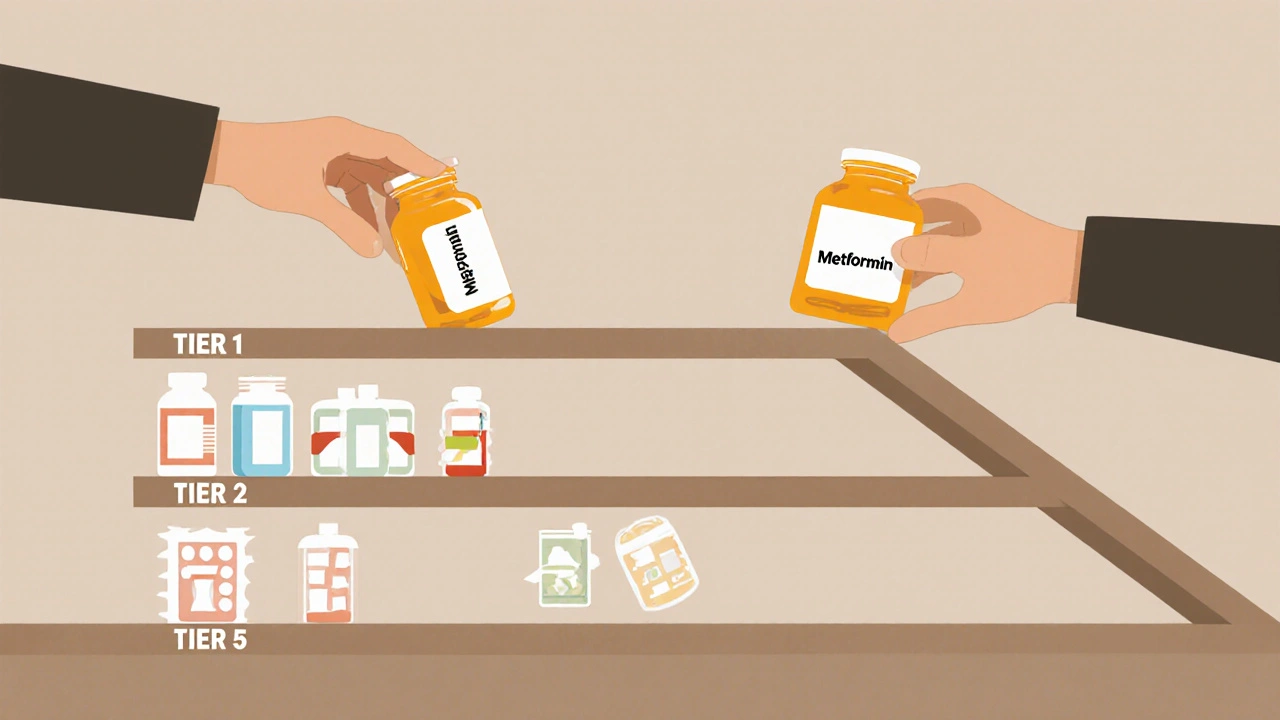 Five-tiered pharmacy shelves with identical pill bottles in different colors representing cost tiers.