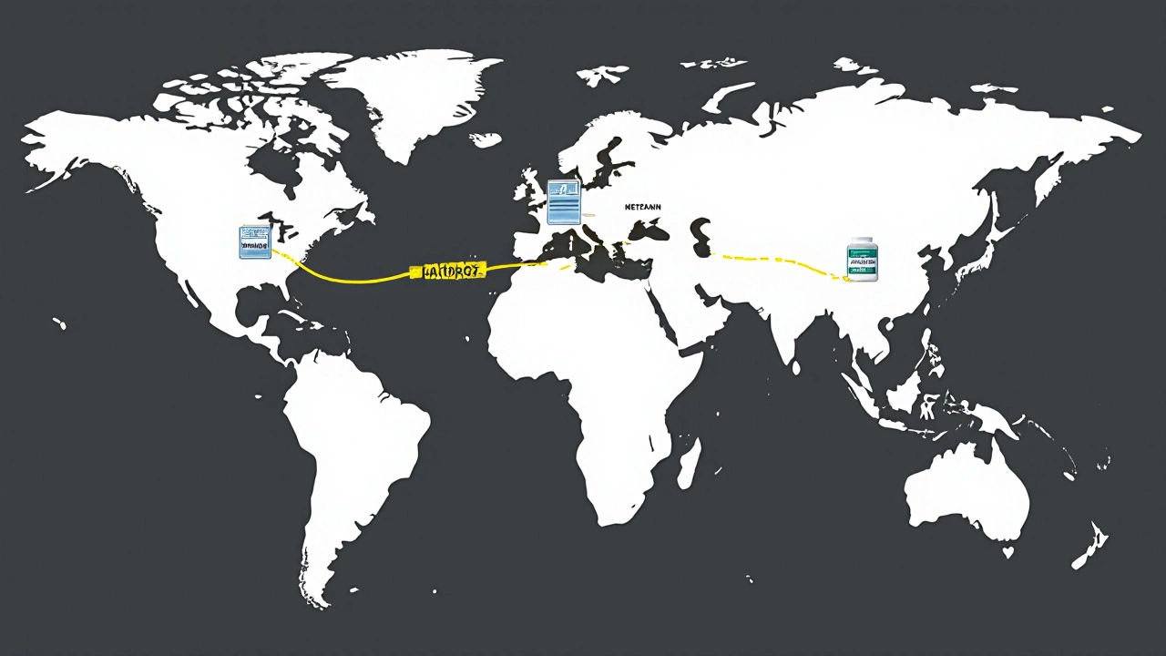 Glowing ATC code path connecting global clinics with metformin icons along a minimalist map.